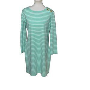 Sail to Sable Mint Green White Stripes Long Sleeve Dress sz L Large Coastal READ